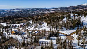 Snowy aerial view featuring a mountain view