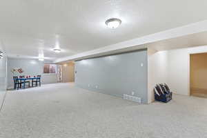 Basement with light colored carpet and a textured ceiling