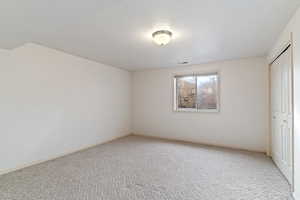 Unfurnished bedroom featuring light colored carpet, a closet, and a textured ceiling