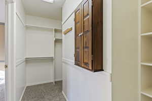 Spacious closet with light carpet