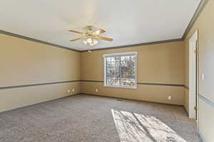 Carpeted spare room featuring crown molding and ceiling fan