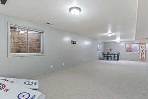 Basement featuring a textured ceiling