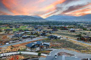 Aerial view at dusk with a mountain view