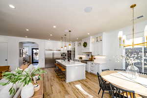 Kitchen with tasteful backsplash, white cabinets, premium appliances, hanging light fixtures, and a kitchen island with sink