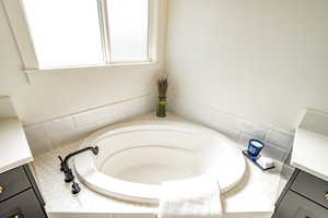 Bathroom with vanity, a tub, and a wealth of natural light