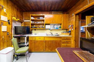 Kitchen featuring wood walls, sink, and wood ceiling