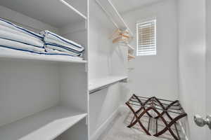 Walk in closet featuring light colored carpet