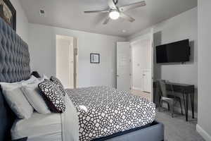 Bedroom featuring carpet floors and ceiling fan