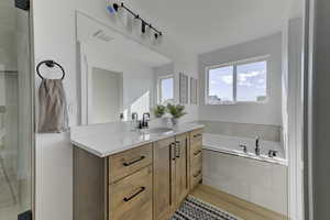 Bathroom featuring separate shower and tub and vanity