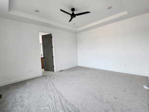 Spare room featuring a tray ceiling, a ceiling fan, light colored carpet, and baseboards