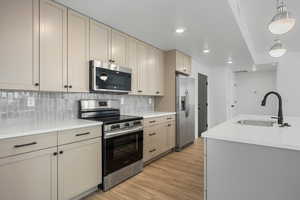 Kitchen with appliances with stainless steel finishes, decorative light fixtures, sink, backsplash, and cream cabinetry