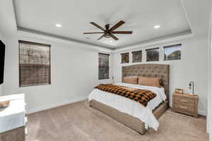 Carpeted bedroom with ceiling fan, multiple windows, and a tray ceiling