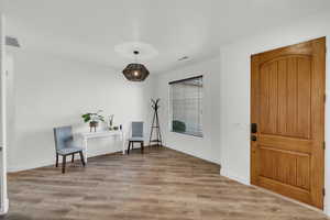 Foyer with light hardwood / wood-style floors