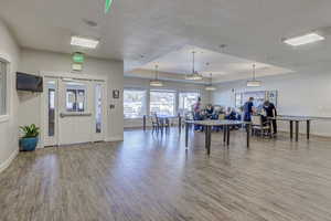 Interior space with a raised ceiling, hardwood / wood-style floors, and a textured ceiling