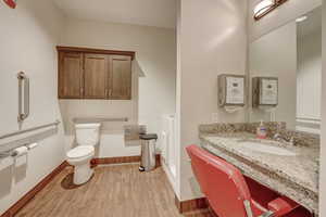 Bathroom featuring vanity, hardwood / wood-style flooring, and toilet