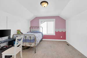 Carpeted bedroom featuring vaulted ceiling