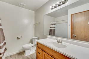 Bathroom with vanity, toilet, and hardwood / wood-style floors