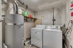 Washroom with washing machine and clothes dryer and secured water heater