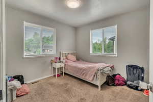 Carpeted bedroom with multiple windows