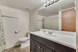 Bathroom featuring a shower with shower curtain, vanity, toilet, and hardwood / wood-style floors