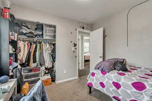 Carpeted bedroom featuring a closet