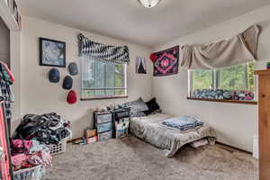 Carpeted bedroom featuring multiple windows