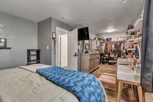 Carpeted bedroom with a closet