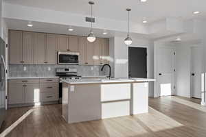 Kitchen featuring pendant lighting, a kitchen island with sink, stainless steel appliances, tasteful backsplash, and light hardwood / wood-style floors