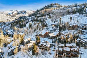 Snowy aerial view featuring a mountain view