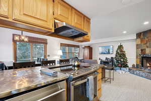 Kitchen featuring stainless steel appliances, a stone fireplace, and decorative light fixtures