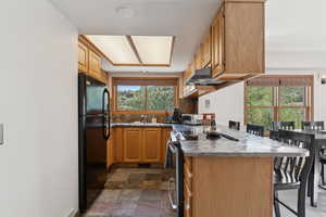 Kitchen featuring dark stone finish floors, freestanding refrigerator, electric range, and plenty of natural light