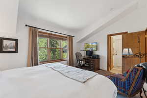 Bedroom featuring lofted ceiling