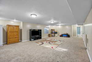 Game room with carpet floors and a textured ceiling