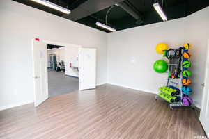 Exercise area featuring wood-type flooring and a high ceiling