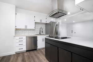 Kitchen with island exhaust hood, stainless steel appliances, dark wood-type flooring, white cabinets, and sink