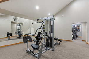 Gym with lofted ceiling and carpet floors