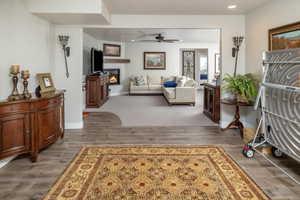 Living room featuring wood-type flooring and ceiling fan