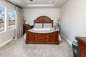 Carpeted bedroom with a tray ceiling and ceiling fan