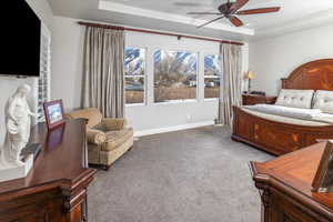 Carpeted bedroom featuring a tray ceiling and ceiling fan