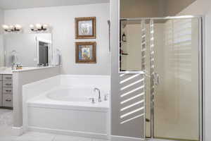 Bathroom featuring vanity and separate shower and tub