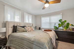 Carpeted bedroom featuring ceiling fan