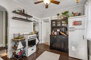 Kitchen with dark hardwood / wood-style floors, refrigerator, white electric range oven, ceiling fan, and dark brown cabinets