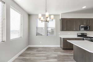 Kitchen featuring hanging light fixtures, appliances with stainless steel finishes, a wealth of natural light, and dark brown cabinetry