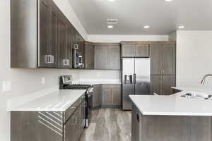 Kitchen featuring stainless steel appliances, sink, dark brown cabinets, and light wood-type flooring