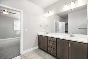 Bathroom featuring ceiling fan, vanity, and tile patterned floors