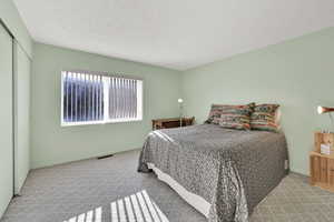 Bedroom with light carpet, a textured ceiling, and a closet