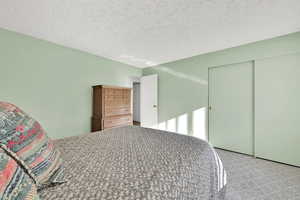 Carpeted bedroom featuring a closet and a textured ceiling