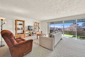 Carpeted living room featuring a textured ceiling