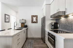 Kitchen featuring sink, appliances with stainless steel finishes, backsplash, range hood, and dark hardwood / wood-style floors