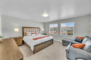 Bedroom featuring light colored carpet and a textured ceiling